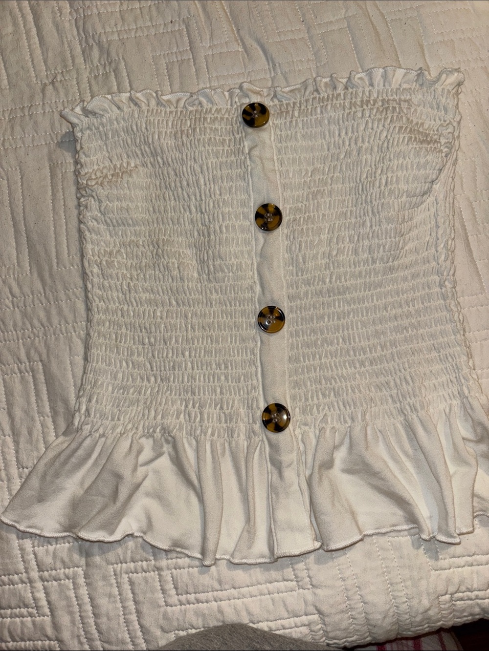 White Smocked Tube Top with Button Front - Women's